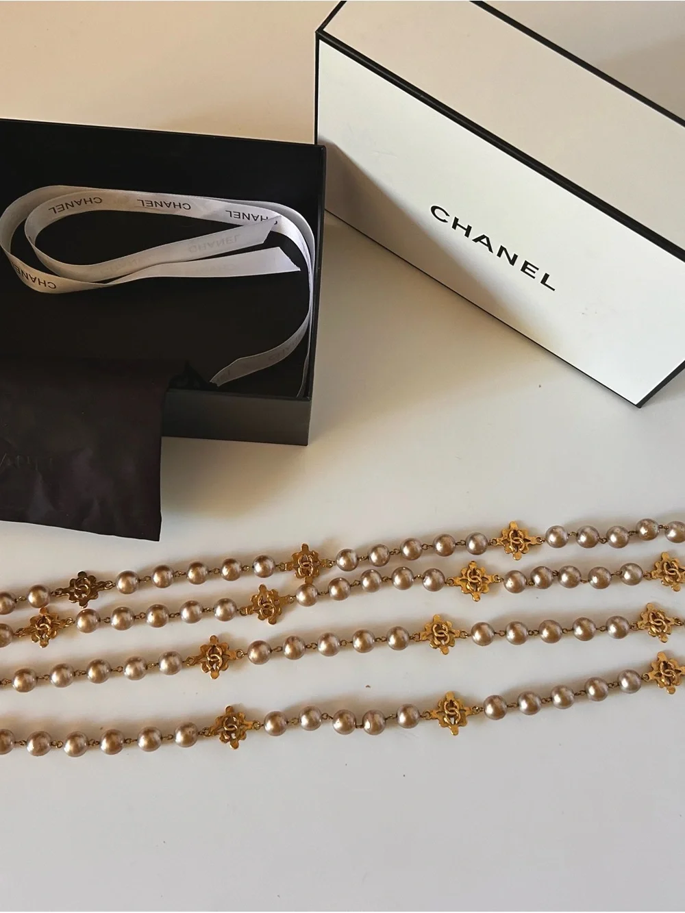 Vintage CHANEL Extra Long Rare Gold and Champagne Pearl CC Monogram Necklace